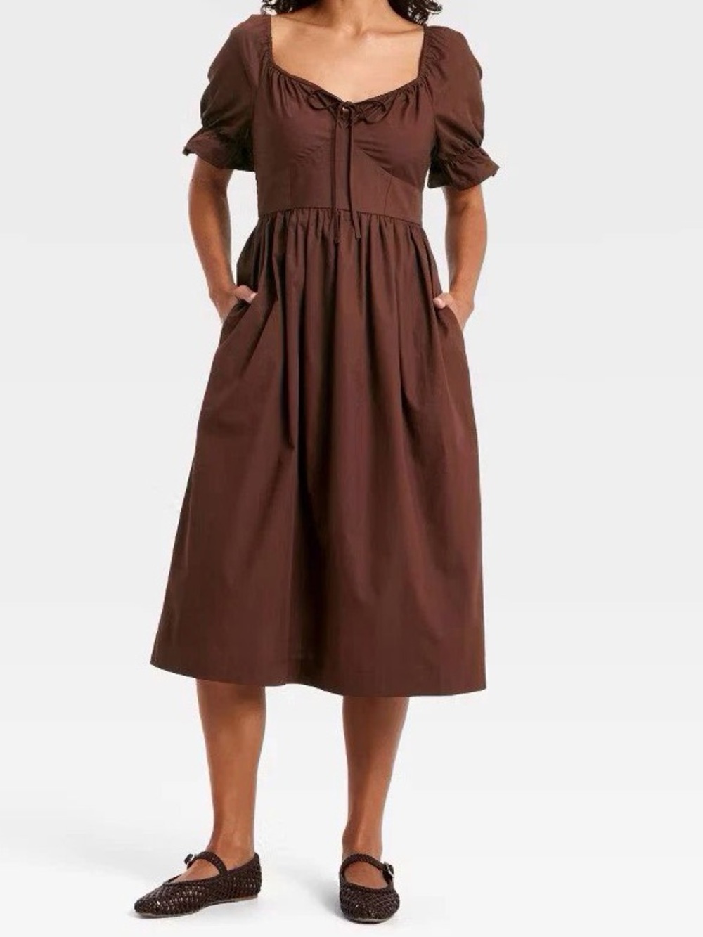 Brown Puff-Sleeve Midi Dress with Tie Front -